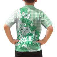 Green Palaka Hawaiian And Japanese Family Matching Tank Maxi Dress and Hawaiian Shirt Maneki Neko And Sakura Bloom