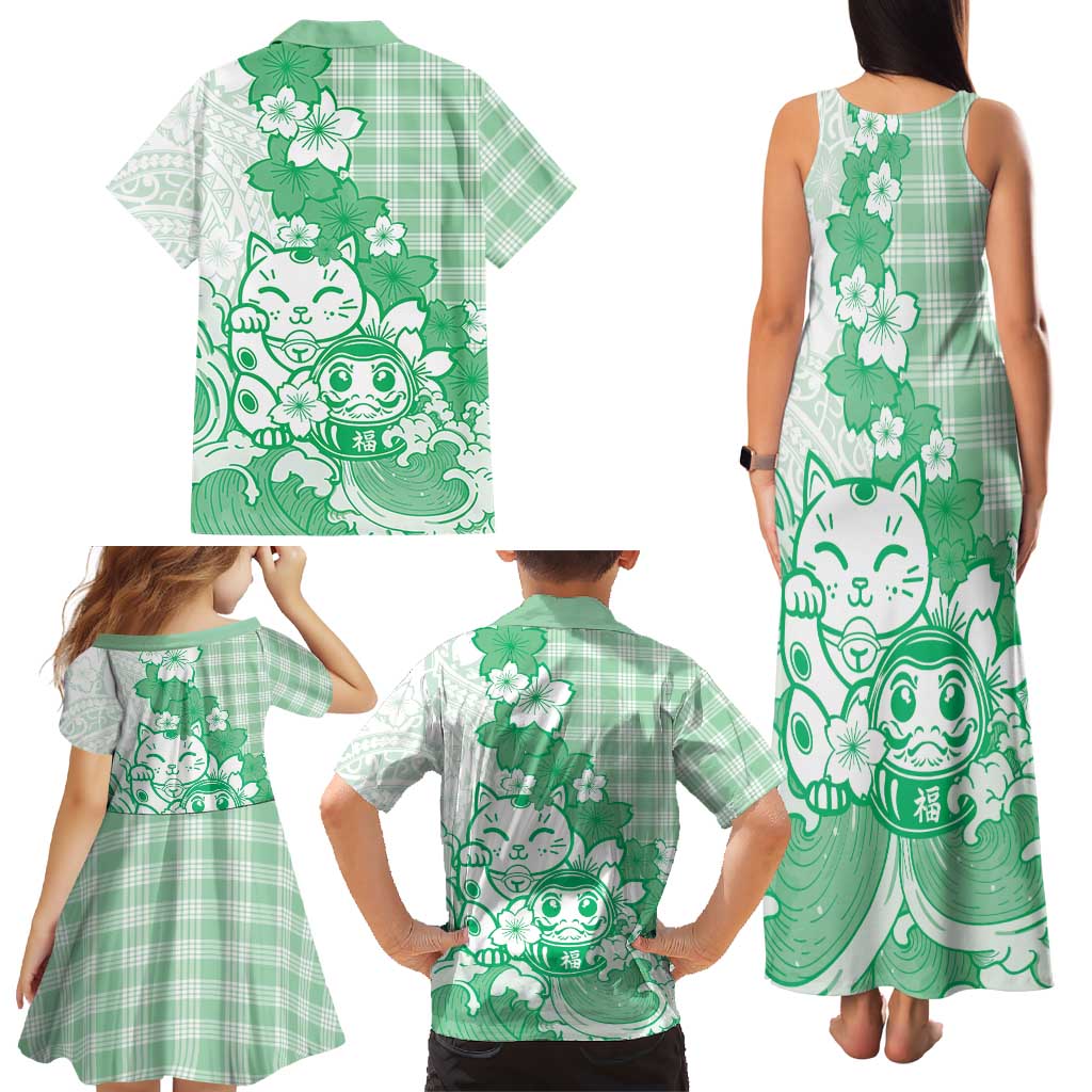 Green Palaka Hawaiian And Japanese Family Matching Tank Maxi Dress and Hawaiian Shirt Maneki Neko And Sakura Bloom
