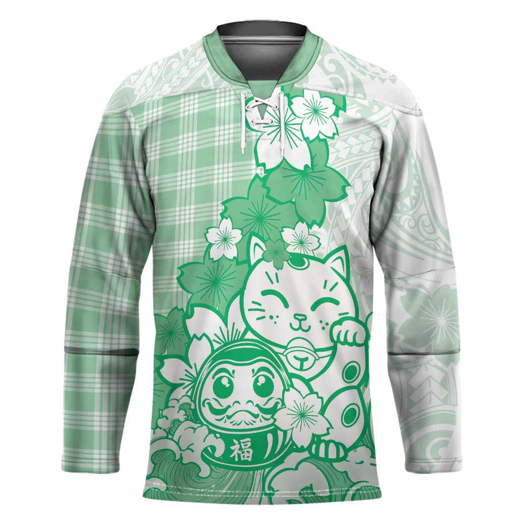 Green Palaka Hawaiian And Japanese Hockey Jersey Maneki Neko And Sakura Bloom