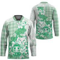Green Palaka Hawaiian And Japanese Hockey Jersey Maneki Neko And Sakura Bloom