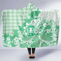 Green Palaka Hawaiian And Japanese Hooded Blanket Maneki Neko And Sakura Bloom