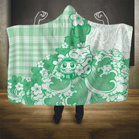 Green Palaka Hawaiian And Japanese Hooded Blanket Maneki Neko And Sakura Bloom