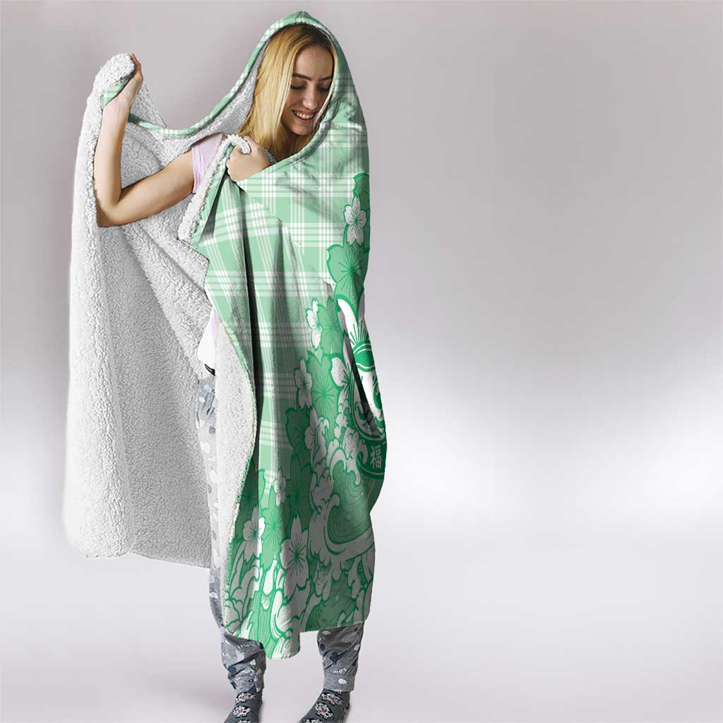 Green Palaka Hawaiian And Japanese Hooded Blanket Maneki Neko And Sakura Bloom