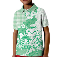 Green Palaka Hawaiian And Japanese Kid Polo Shirt Maneki Neko And Sakura Bloom