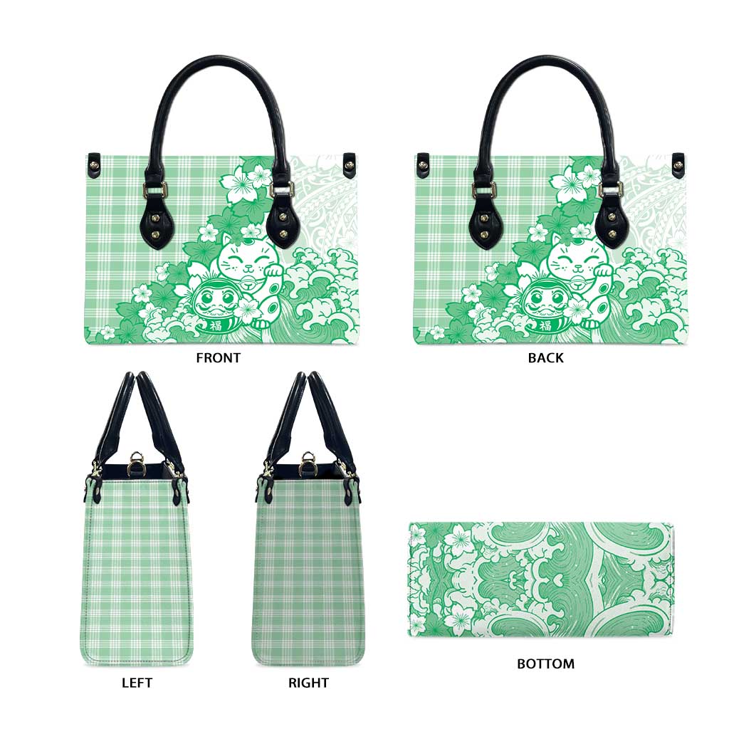 Green Palaka Hawaiian And Japanese Leather Bag Maneki Neko And Sakura Bloom