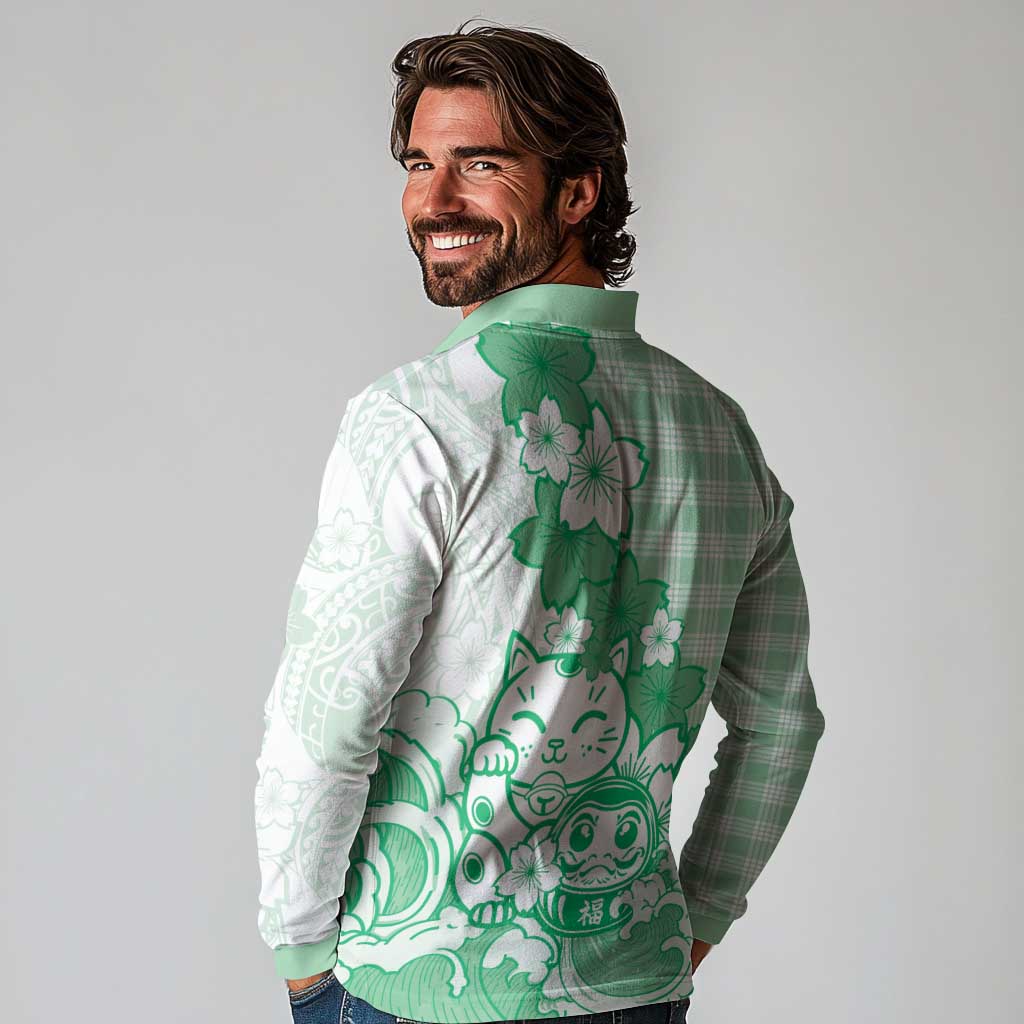 Green Palaka Hawaiian And Japanese Long Sleeve Polo Shirt Maneki Neko And Sakura Bloom