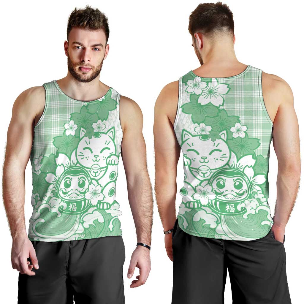 Green Palaka Hawaiian And Japanese Men Tank Top Maneki Neko And Sakura Bloom