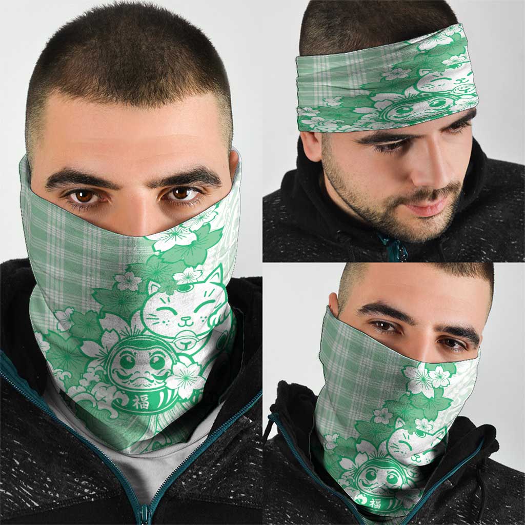 Green Palaka Hawaiian And Japanese Neck Gaiter Maneki Neko And Sakura Bloom DT05 - Polynesian Pride