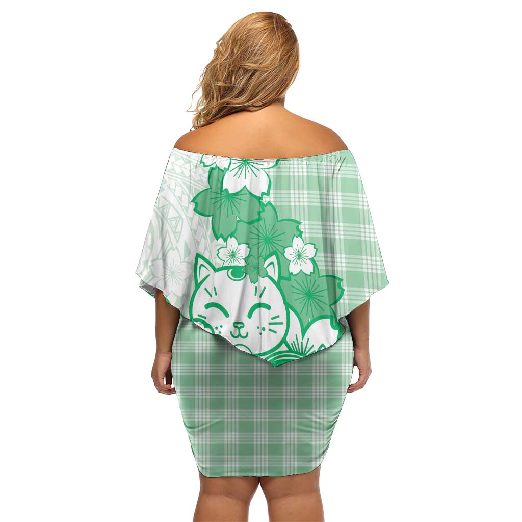 Green Palaka Hawaiian And Japanese Off Shoulder Short Dress Maneki Neko And Sakura Bloom DT05 - Polynesian Pride