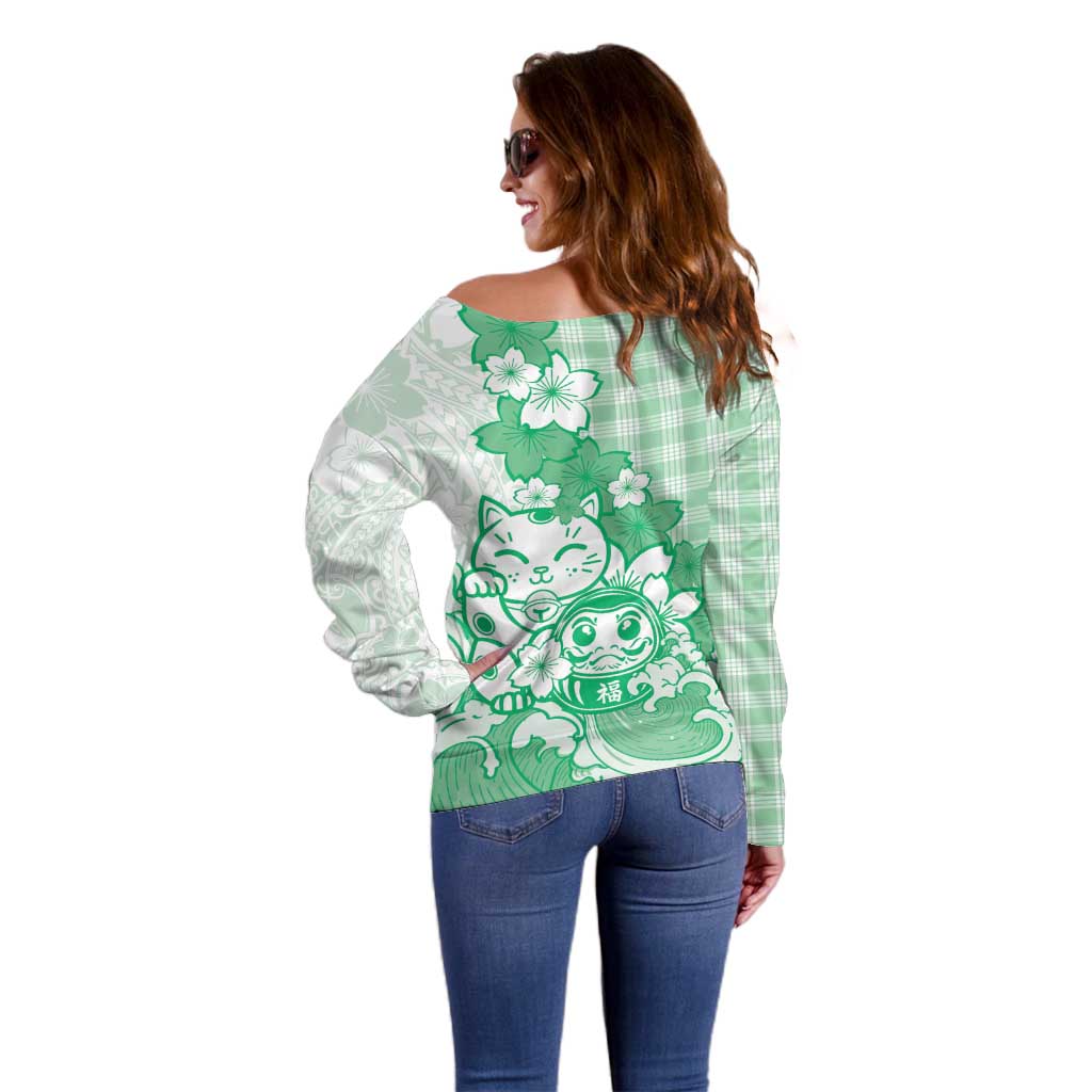 Green Palaka Hawaiian And Japanese Off Shoulder Sweater Maneki Neko And Sakura Bloom