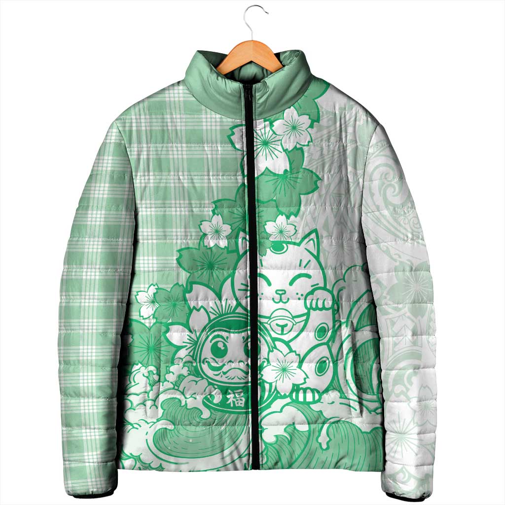 Green Palaka Hawaiian And Japanese Padded Jacket Maneki Neko And Sakura Bloom DT05 - Polynesian Pride