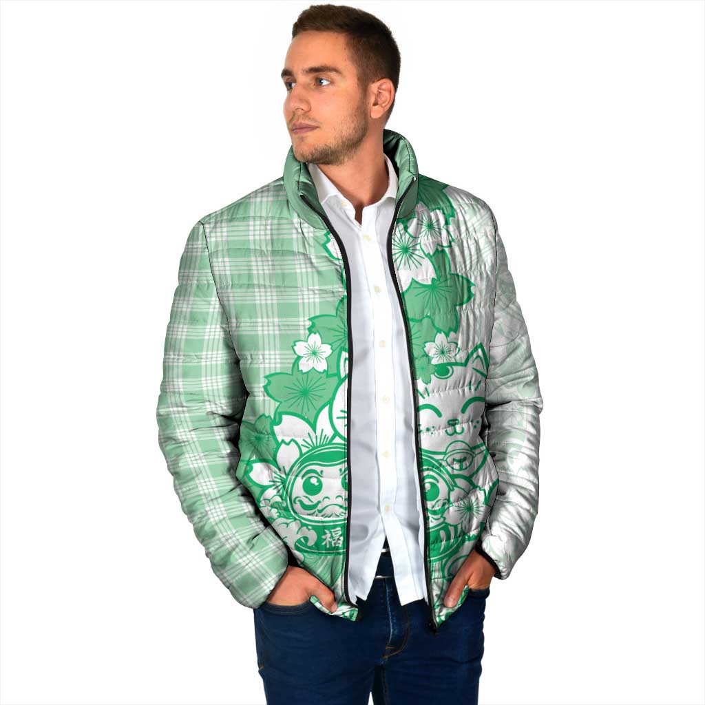 Green Palaka Hawaiian And Japanese Padded Jacket Maneki Neko And Sakura Bloom DT05 - Polynesian Pride