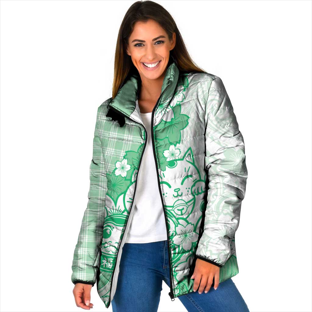 Green Palaka Hawaiian And Japanese Padded Jacket Maneki Neko And Sakura Bloom DT05 Women Green - Polynesian Pride