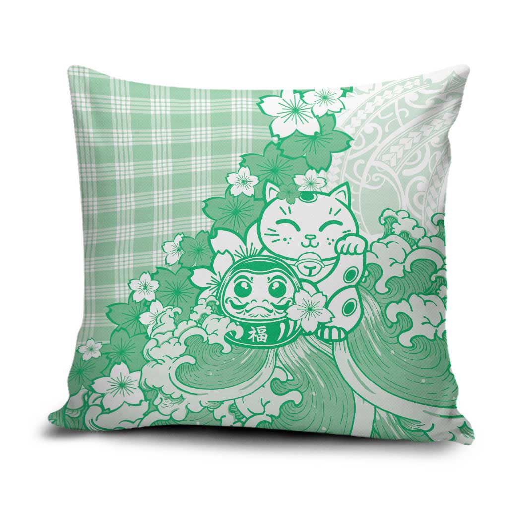 Green Palaka Hawaiian And Japanese Pillow Cover Maneki Neko And Sakura Bloom