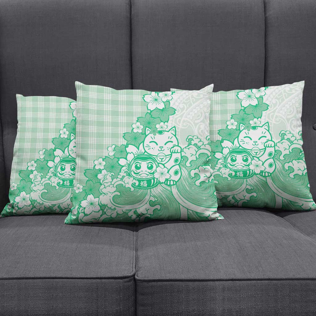Green Palaka Hawaiian And Japanese Pillow Cover Maneki Neko And Sakura Bloom
