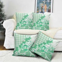 Green Palaka Hawaiian And Japanese Pillow Cover Maneki Neko And Sakura Bloom