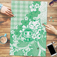 Green Palaka Hawaiian And Japanese Puzzle Maneki Neko And Sakura Bloom