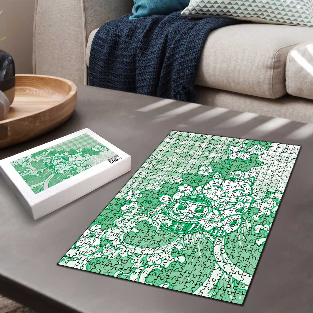 Green Palaka Hawaiian And Japanese Puzzle Maneki Neko And Sakura Bloom
