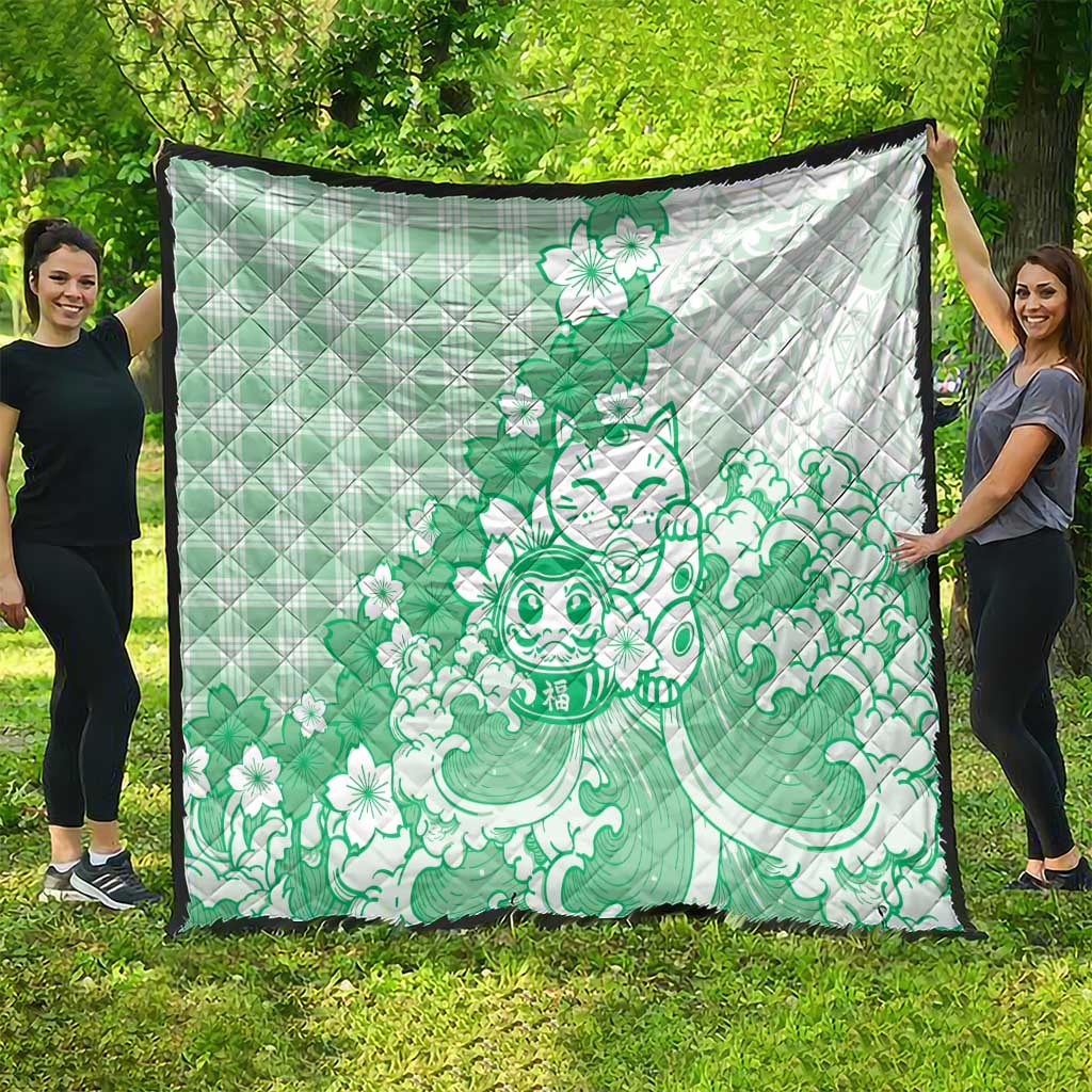 Green Palaka Hawaiian And Japanese Quilt Maneki Neko And Sakura Bloom