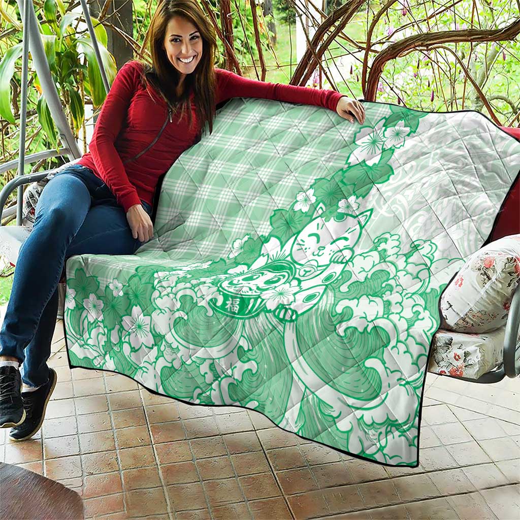 Green Palaka Hawaiian And Japanese Quilt Maneki Neko And Sakura Bloom