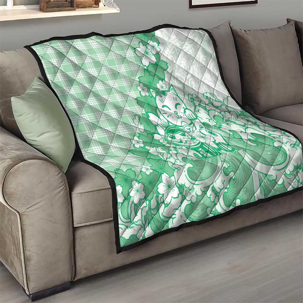 Green Palaka Hawaiian And Japanese Quilt Maneki Neko And Sakura Bloom