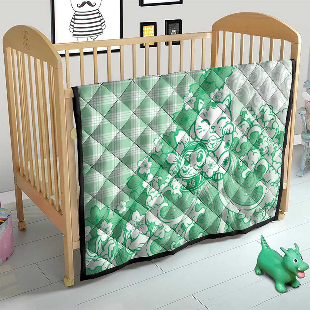 Green Palaka Hawaiian And Japanese Quilt Maneki Neko And Sakura Bloom
