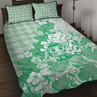 Green Palaka Hawaiian And Japanese Quilt Bed Set Maneki Neko And Sakura Bloom DT05 Green - Polynesian Pride