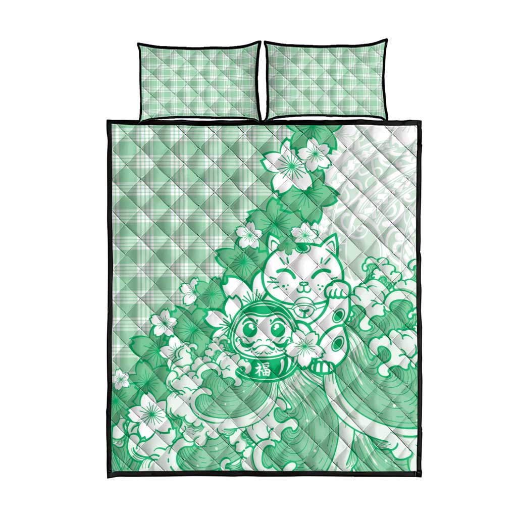 Green Palaka Hawaiian And Japanese Quilt Bed Set Maneki Neko And Sakura Bloom DT05 - Polynesian Pride