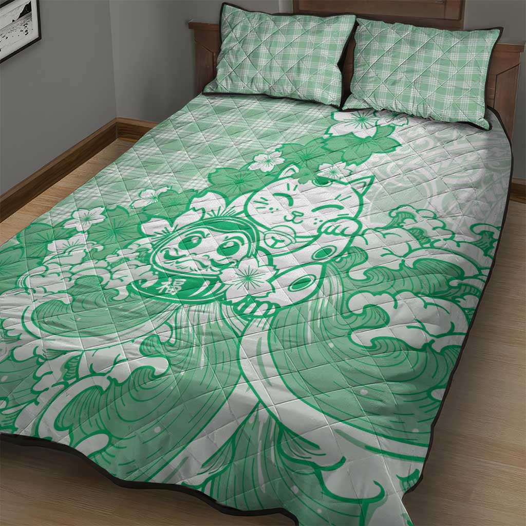 Green Palaka Hawaiian And Japanese Quilt Bed Set Maneki Neko And Sakura Bloom DT05 - Polynesian Pride