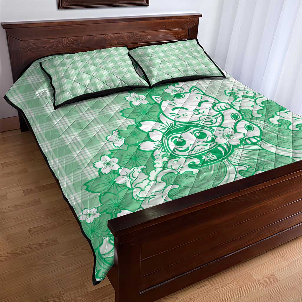 Green Palaka Hawaiian And Japanese Quilt Bed Set Maneki Neko And Sakura Bloom DT05 - Polynesian Pride