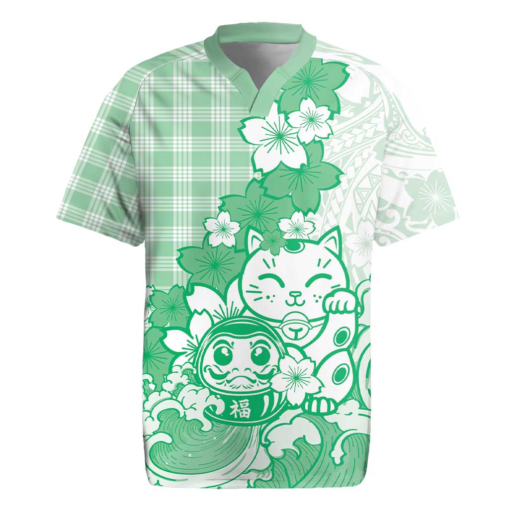 Green Palaka Hawaiian And Japanese Rugby Jersey Maneki Neko And Sakura Bloom