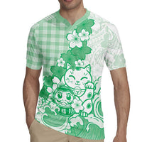 Green Palaka Hawaiian And Japanese Rugby Jersey Maneki Neko And Sakura Bloom