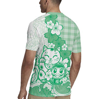 Green Palaka Hawaiian And Japanese Rugby Jersey Maneki Neko And Sakura Bloom