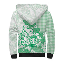 Green Palaka Hawaiian And Japanese Sherpa Hoodie Maneki Neko And Sakura Bloom