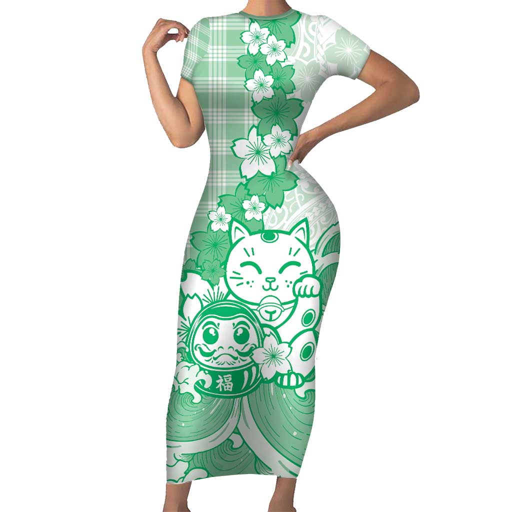 Green Palaka Hawaiian And Japanese Short Sleeve Bodycon Dress Maneki Neko And Sakura Bloom