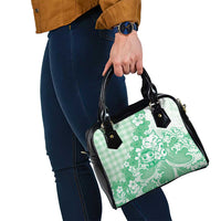 Green Palaka Hawaiian And Japanese Shoulder Handbag Maneki Neko And Sakura Bloom