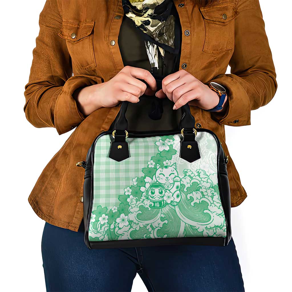 Green Palaka Hawaiian And Japanese Shoulder Handbag Maneki Neko And Sakura Bloom