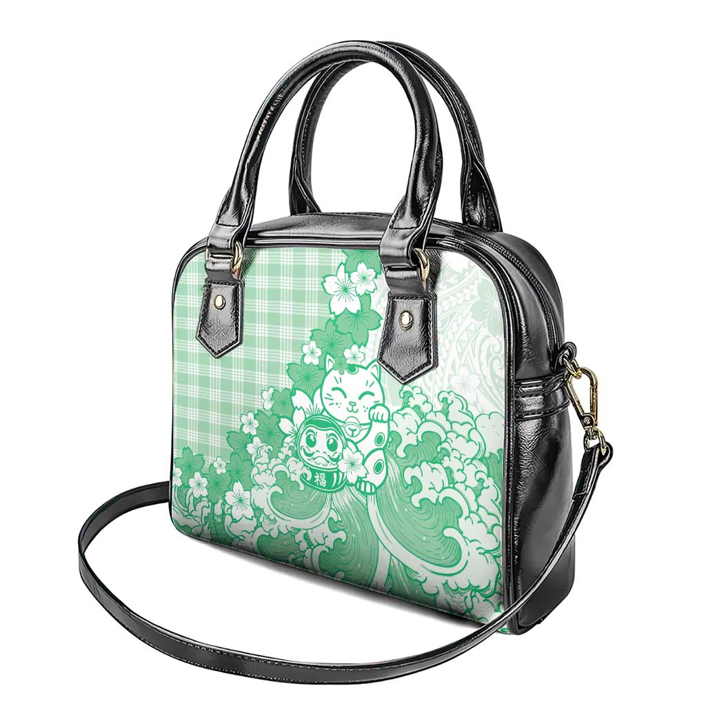 Green Palaka Hawaiian And Japanese Shoulder Handbag Maneki Neko And Sakura Bloom