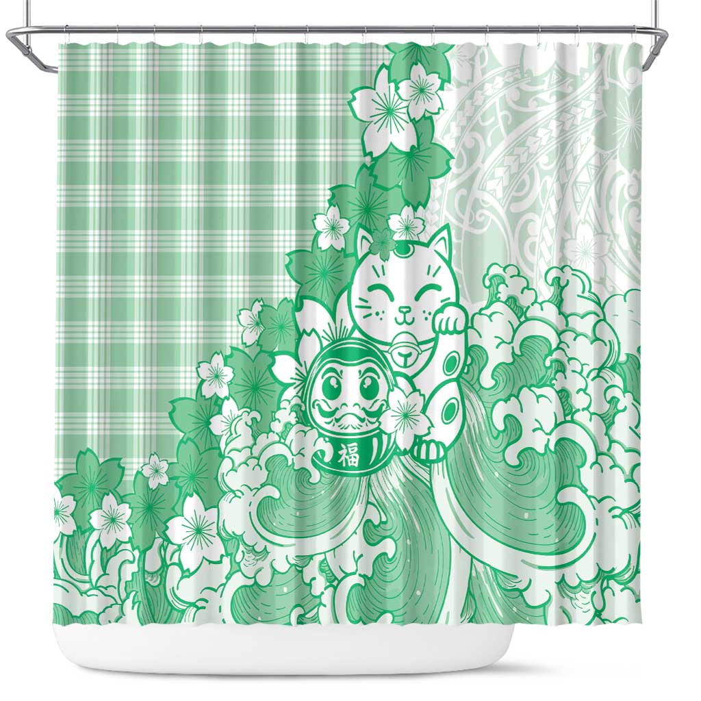 Green Palaka Hawaiian And Japanese Shower Curtain Maneki Neko And Sakura Bloom
