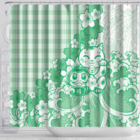 Green Palaka Hawaiian And Japanese Shower Curtain Maneki Neko And Sakura Bloom