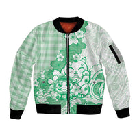 Green Palaka Hawaiian And Japanese Sleeve Zip Bomber Jacket Maneki Neko And Sakura Bloom