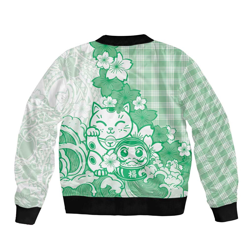 Green Palaka Hawaiian And Japanese Sleeve Zip Bomber Jacket Maneki Neko And Sakura Bloom