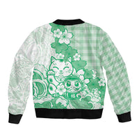 Green Palaka Hawaiian And Japanese Sleeve Zip Bomber Jacket Maneki Neko And Sakura Bloom