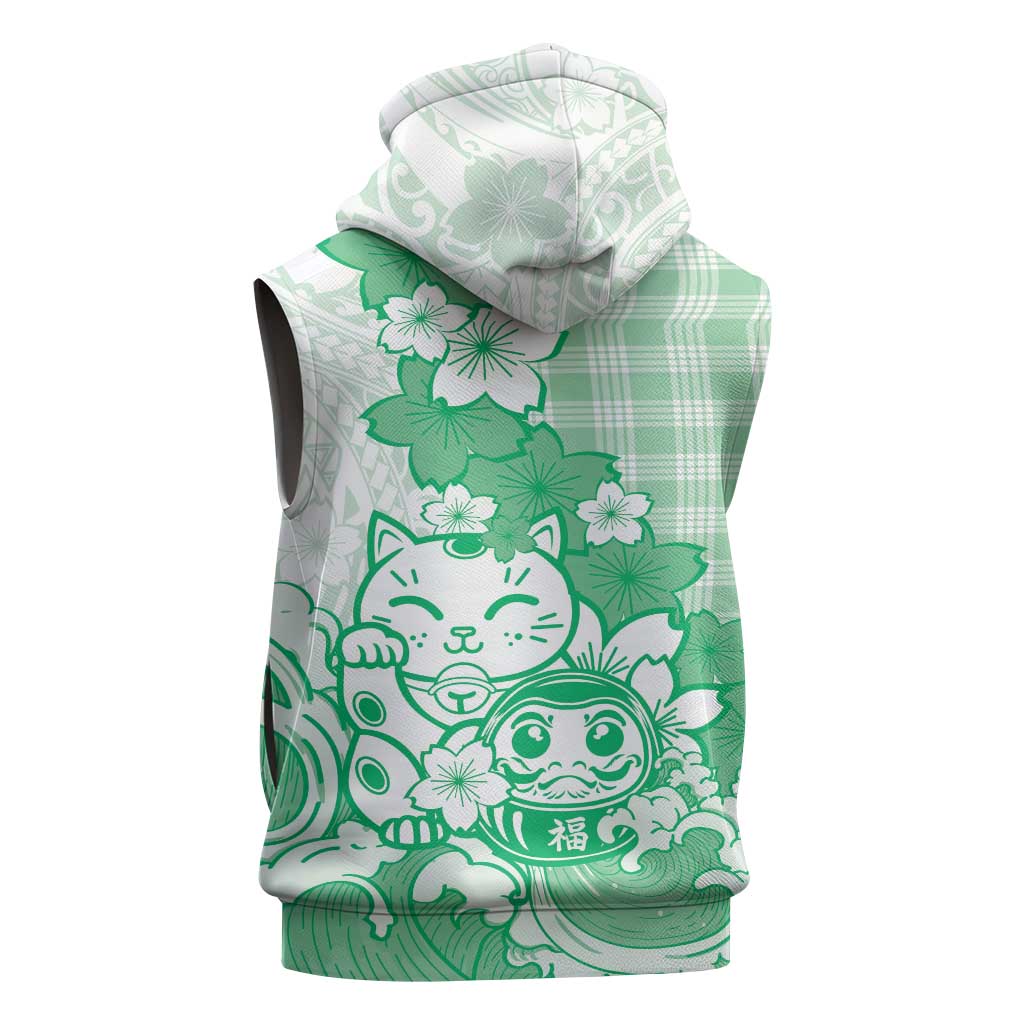 Green Palaka Hawaiian And Japanese Sleeveless Hoodie Maneki Neko And Sakura Bloom DT05 - Polynesian Pride