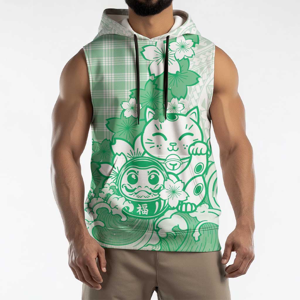 Green Palaka Hawaiian And Japanese Sleeveless Hoodie Maneki Neko And Sakura Bloom DT05 - Polynesian Pride
