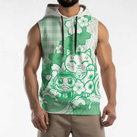 Green Palaka Hawaiian And Japanese Sleeveless Hoodie Maneki Neko And Sakura Bloom DT05 - Polynesian Pride
