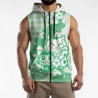 Green Palaka Hawaiian And Japanese Sleeveless Zip Hoodie Maneki Neko And Sakura Bloom