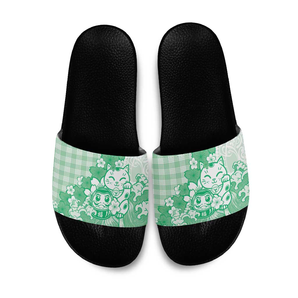 Green Palaka Hawaiian And Japanese Slide Sandals Maneki Neko And Sakura Bloom DT05 Green - Polynesian Pride