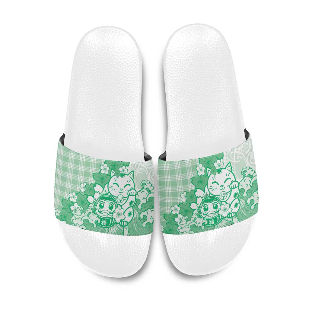 Green Palaka Hawaiian And Japanese Slide Sandals Maneki Neko And Sakura Bloom DT05 Green - Polynesian Pride