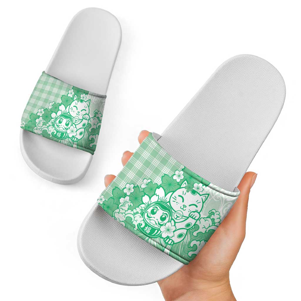 Green Palaka Hawaiian And Japanese Slide Sandals Maneki Neko And Sakura Bloom DT05 - Polynesian Pride